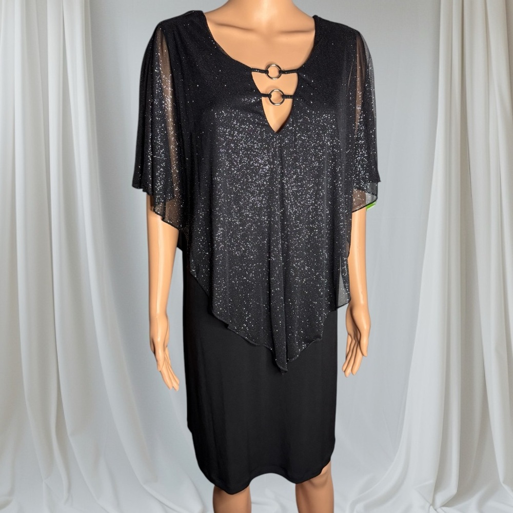 Enfocus Women stunning Black Glitter Dress with Silver Ring Detail Size 16W